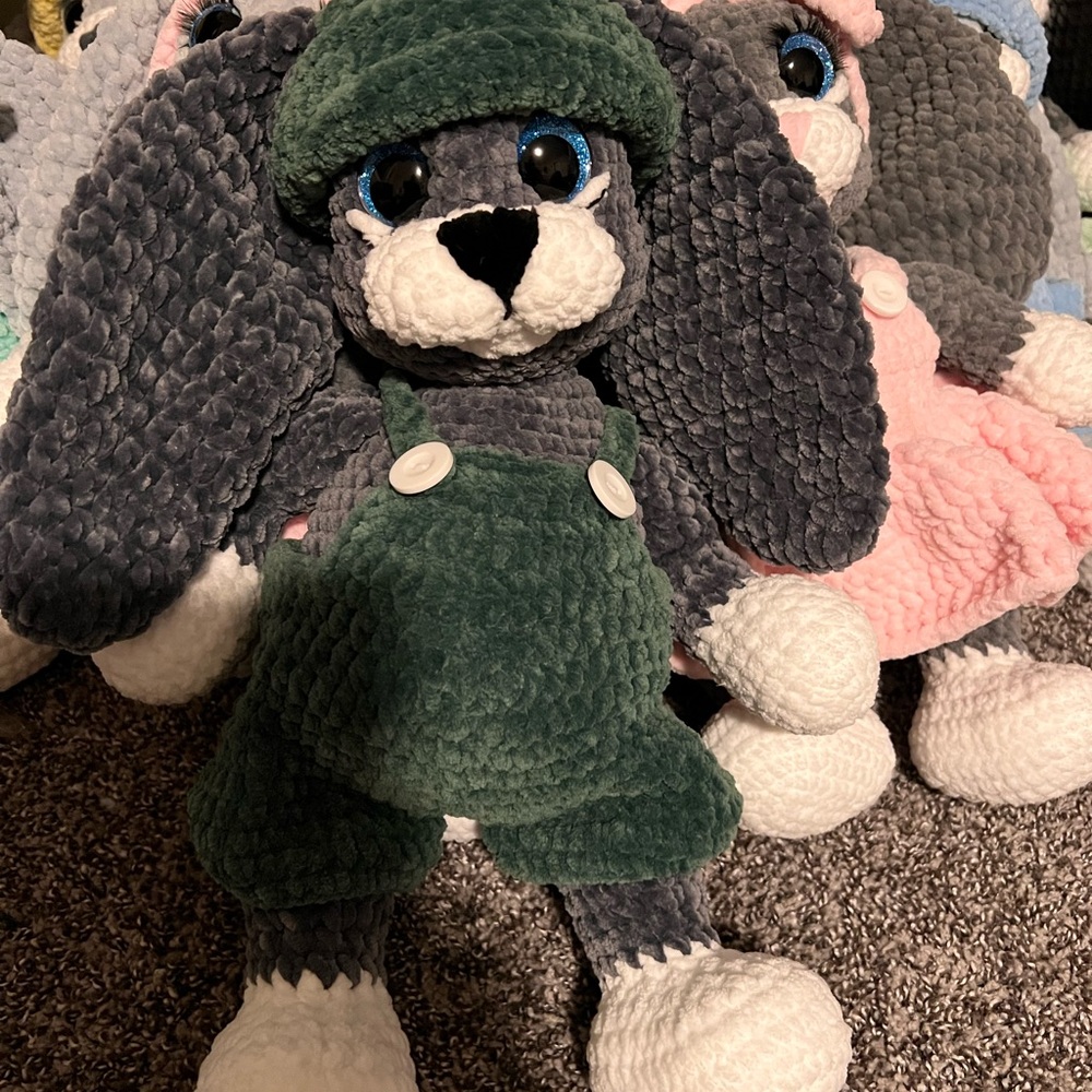 Plush Bunny with Green Overalls/ Many Colors Available